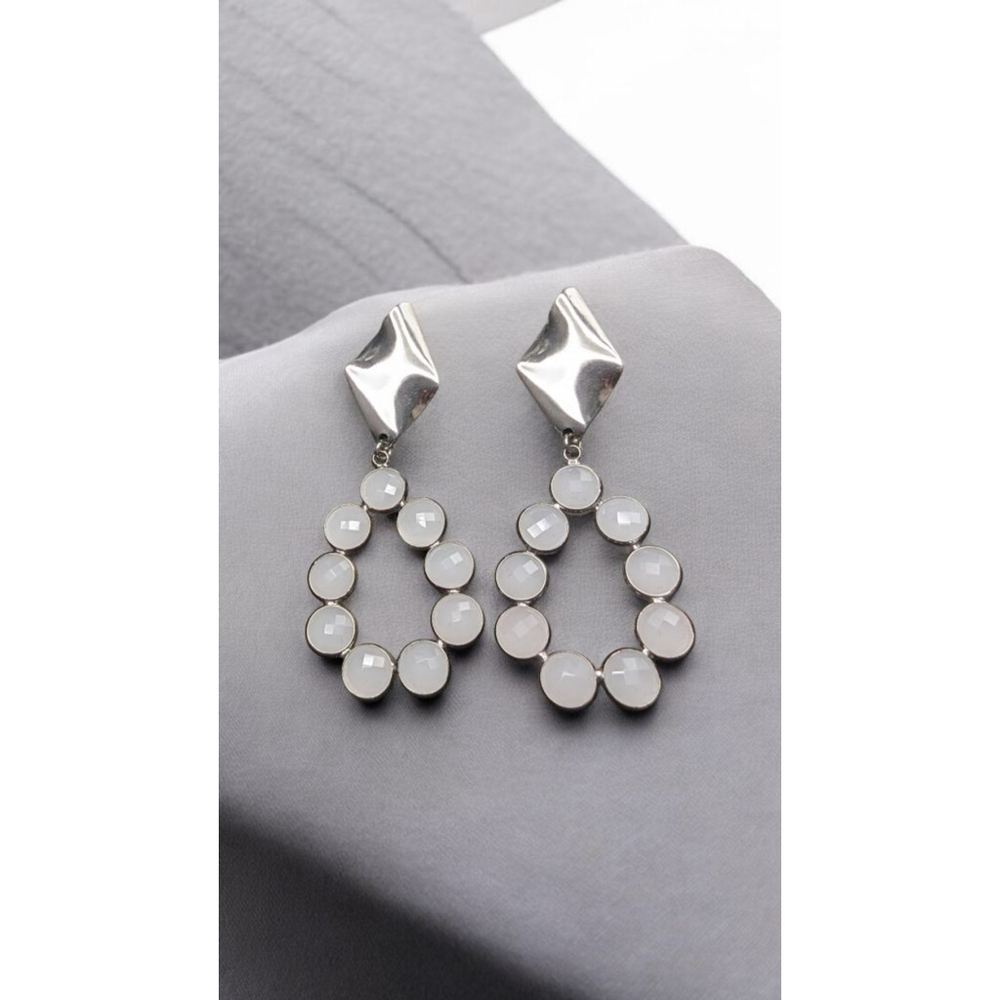 White Hydro Quartz Teardrop Earrings Silver Dangle Studs Stainless Steel
